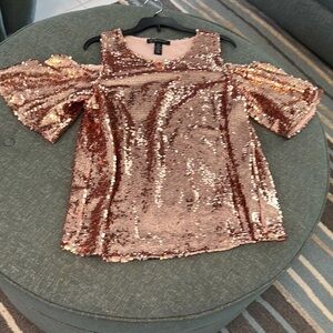 INC International Concepts Gold Sequin Blouse with Cut Out Short Sleeves
